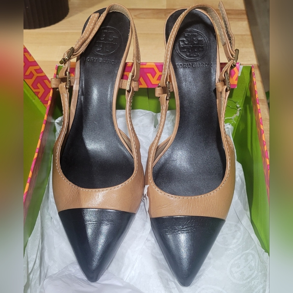 Tory Burch Black and Tan Sling Back Mid Heeled Shoes, Afrikan Veg Leather
